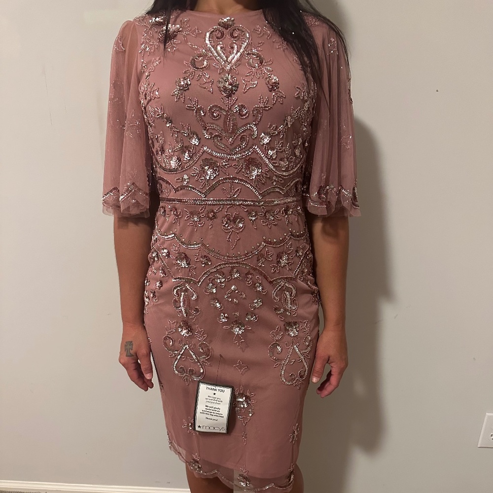 Beaded sequin wide sleeve rose color cocktail dress